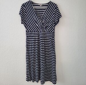 Boden Navy and White Striped Faux-Wrap Midi Dress